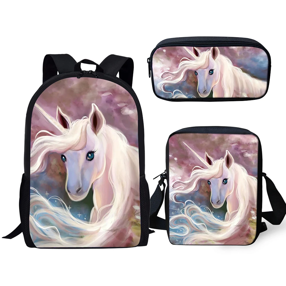 HaoYun Fashion 3PCs Set Backpack Cute Horse Pattern Kids School Bags Students Fantasy Unicorn Backpack/Flaps Bag/Pen Bags