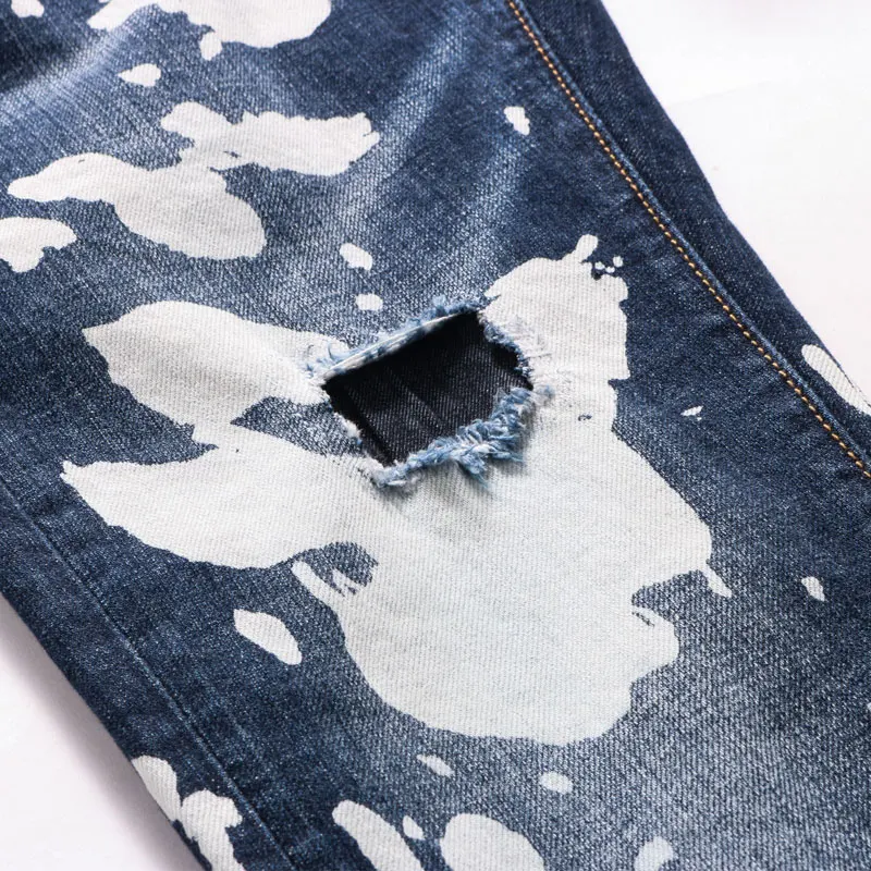 European American Street Fashion Men Jeans Retro Dark Blue Slim Fit Ripped Jeans Men Painted Designer Hip Hop Denim Punk Pants