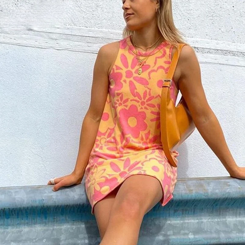 

Forefair 2021 Summer O Neck Knitted Sexy Dress Y2k Sleeveless Off Shoulder Folral Print Casual Women Mini Dresses Fashion