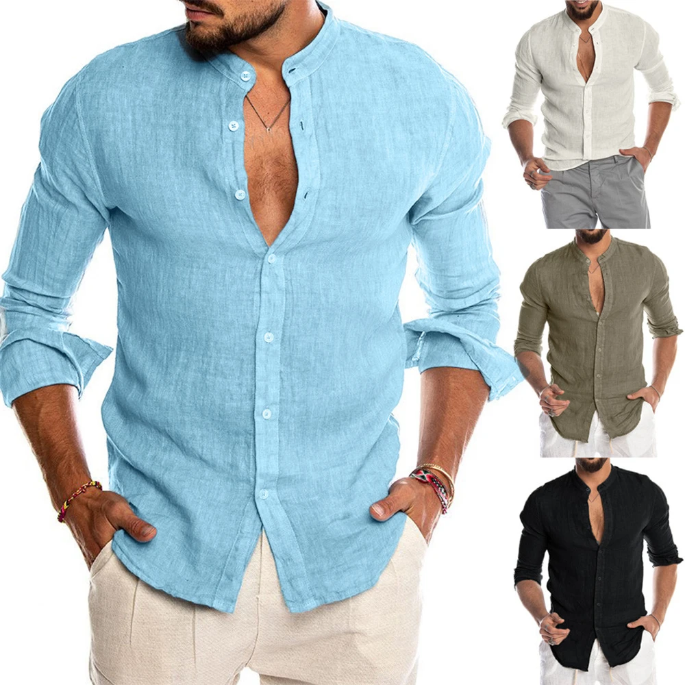 

Helisopus nuevo Casual de algodon de lino de los hombres Camisas manga larga Camisetas holgadas de Color solido, ropa de calle