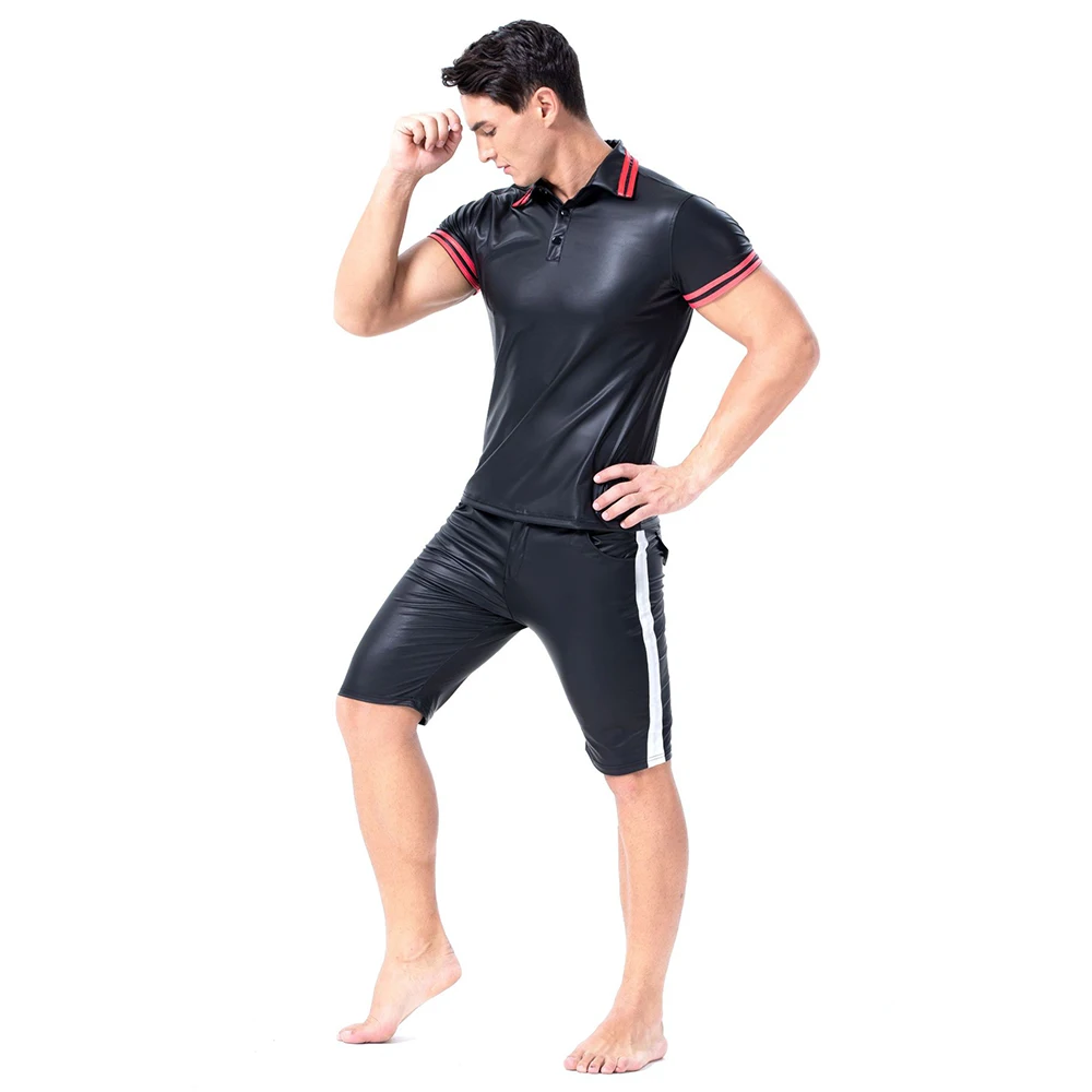 

PU Leather Black Striped Blouse Slim Fit Short Sleeve Turn-down Collar Shirt Mens Clothing Cool Mens Casual Shirts