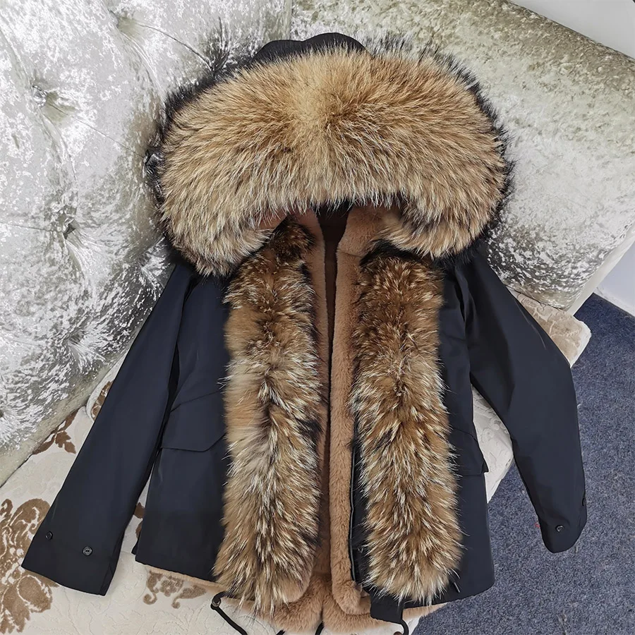 MAOMAOKONG Winter Clothes Women Natural Fur Coat Real Raccoon Fur Collar Parkas Remove Faux Fur Lining Warm Thick Short Jacket