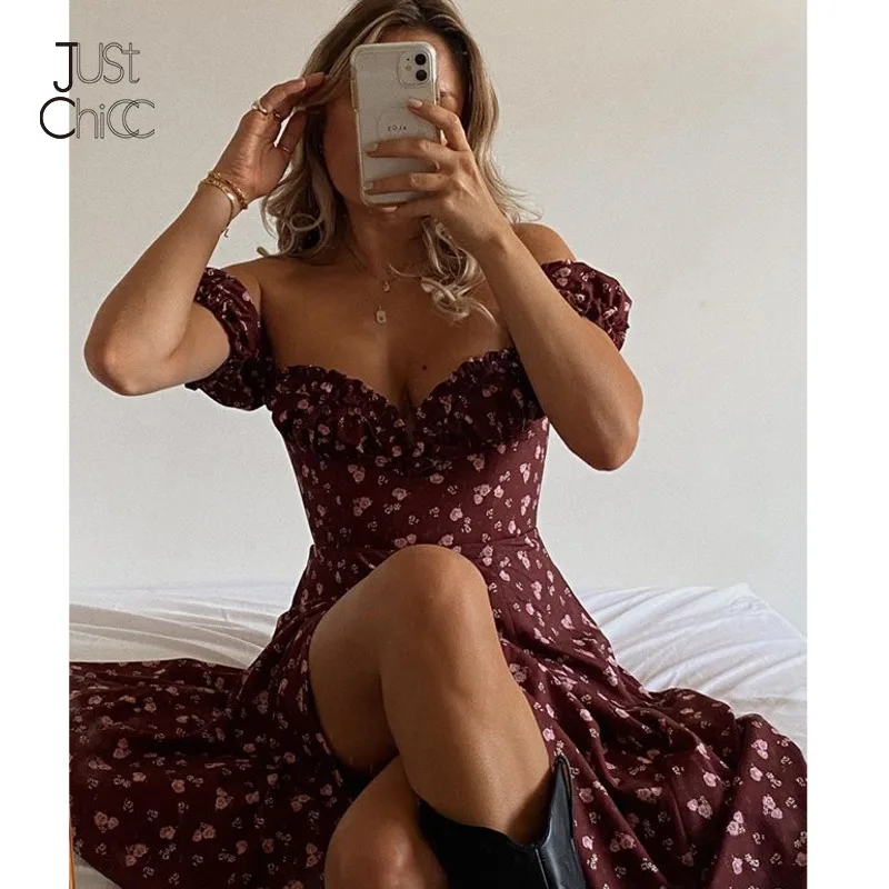 Платье миди с цветочным принтом Justchicc Красное Длинное пикантное вечернее пляжное