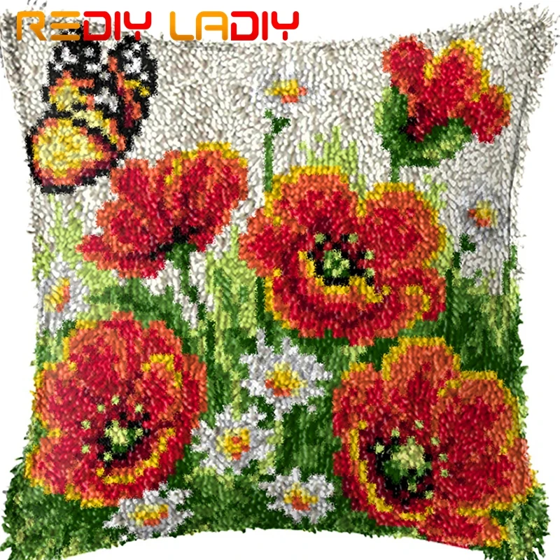 

Latch Hook Cushion Poppy Butterfly Pillow Case Printed Color Canvas Acrylic Yarn Latched Hook Pillow Crochet Cushion Cover Kits
