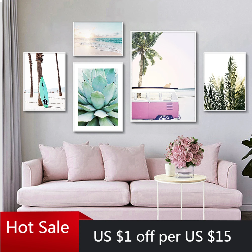 Настенная Картина на холсте картина с розовым пляжем автобусом пальмой алоэ в