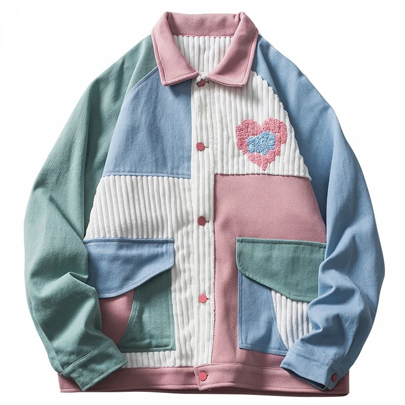 

Color Block Patchwork Heart Jacket Men Corduroy Hip Hop Autumn Harajuku Cotton Casual Streetwear Neutral Woman Pockets Outwear