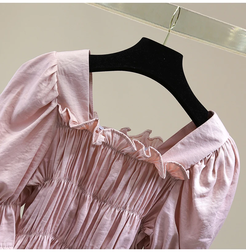 

2021 Summer Ruffled Solid Slim Short Sleeve Women Shirt Korean Sequined Square Collar Top Diamond Bow High Waist Doll Blusas