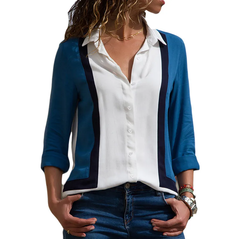 

Women Fashion Casual Blue White Striped Long Sleeve Blouse Shirt Turn-down Collar Regular blusas Summer Chiffon Shirts Plus Size