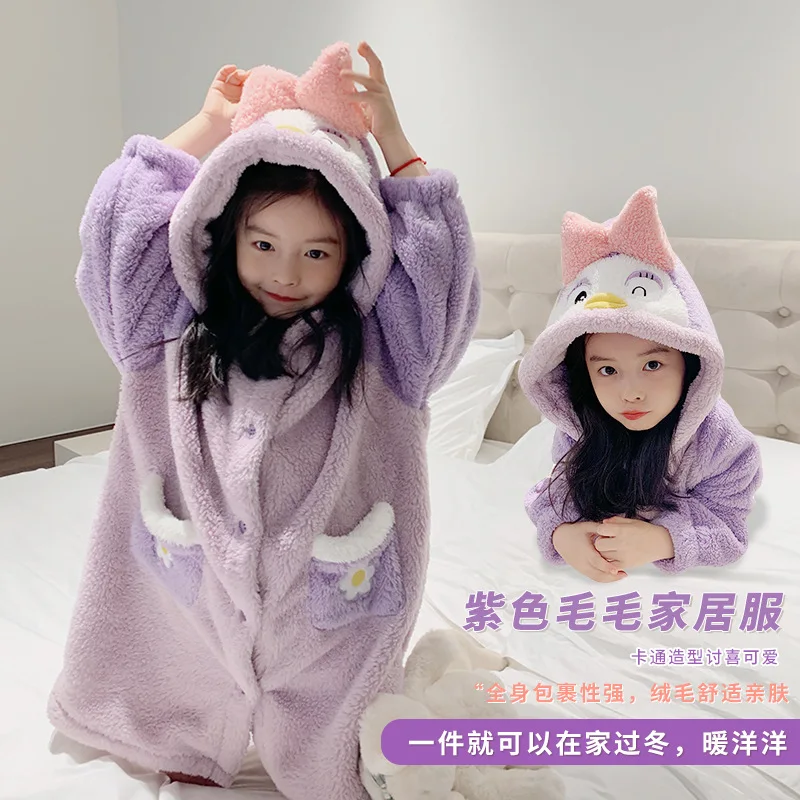 

Mila Chou 2021 Winter New Baby Girls Thick Coral Fleece Nightgown Children's Cartoon Duck Pattern Robe Kids Warm Pajamas 2-8Year