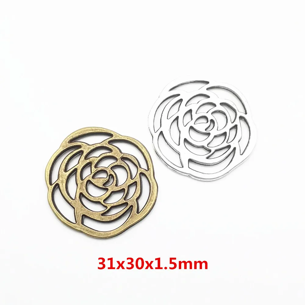 30 шт. 31X30MM античное серебро Цвет розовые цветочные Подвески Металл старинные