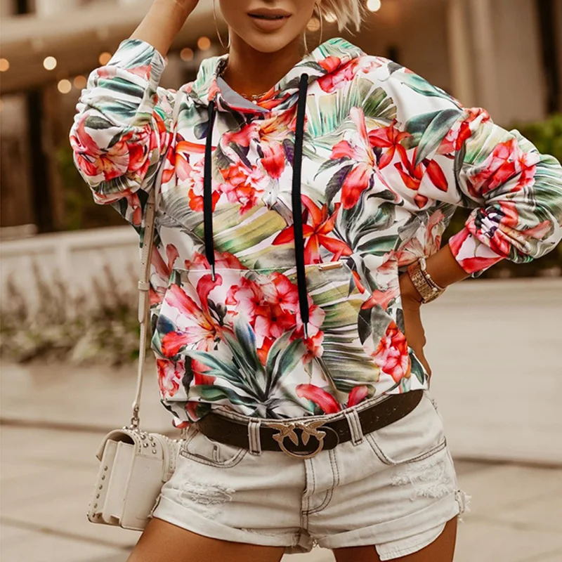 

Women Sweatshirt Flowers Retro Printing Drawstring Long Sleeve Pullover Tops Casual Spring Autumn Harajuku Tops