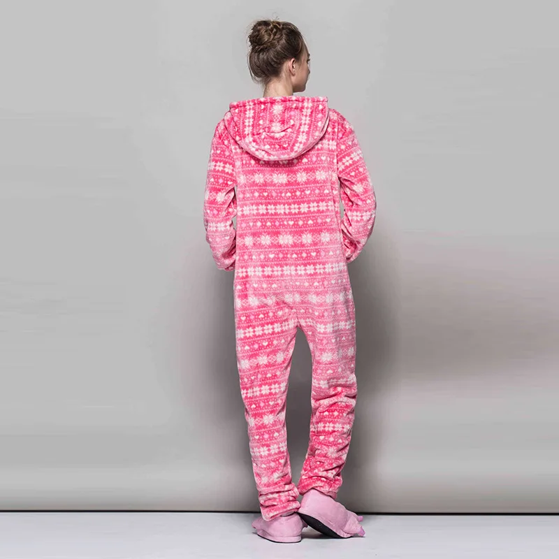 

Christmas One-piece Pajamas Women Flannel Hooded Onesies Cartoon Unisex Winter Snow Pattern Pink Sleepwear Casual Homewear
