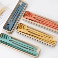 4pcsset table cutlery set creativity wheat straw fork chopsticks spoon portable reusable tableware set with storage box