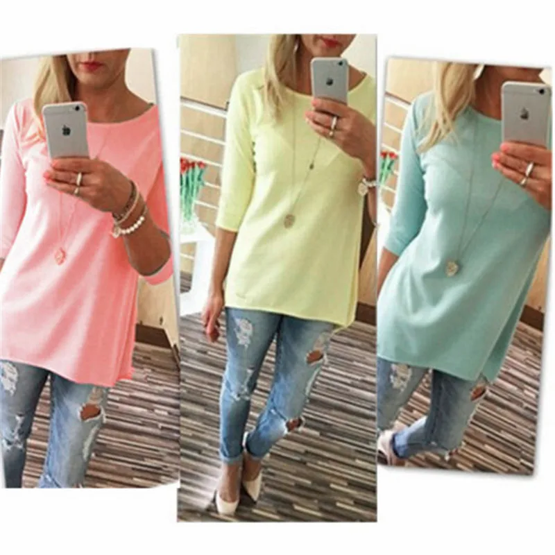 M& DE футболка для женщин рукав три четверти однотонная с круглым вырезом camisa feminina лето осень футболка женская poleras mujer de moda