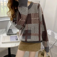 pullover womens oversized sweater knitted long sleeve sweater thick plaid pullover sweaters