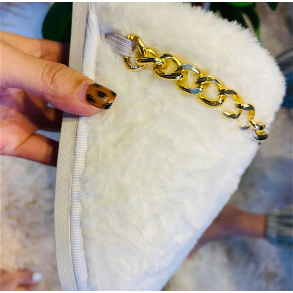

Women Flat Slippers New Fashion Metal Chain Plush Ladies Warm Cotton Shoes Larged-Size 36-43 Indoor Home Bedroom Female Slippers