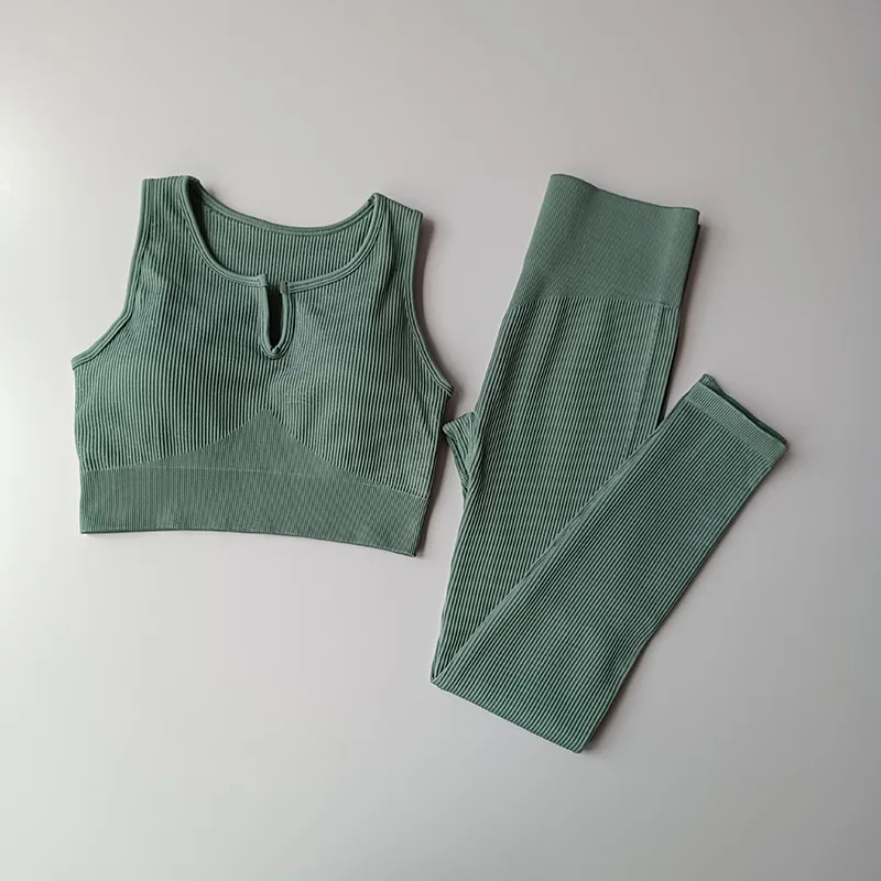 

2PCS Women Seamless Yoga Sets Female Ribbed Fitness Clothing Sports Suit GYM Sports Bra High Waist Leggings Workout Set