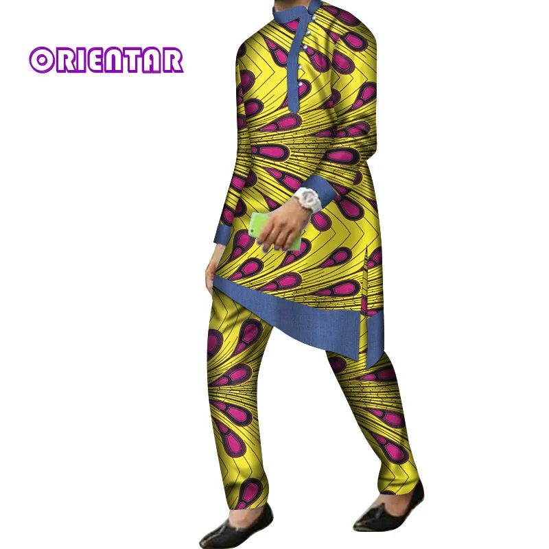 9 2 Pieces Set Men African Clothes Long Sleeve Shirt and Pants Traditional African Bazin Riche Print Dashiki Suit Trousers WYN844 - Цвет: 9