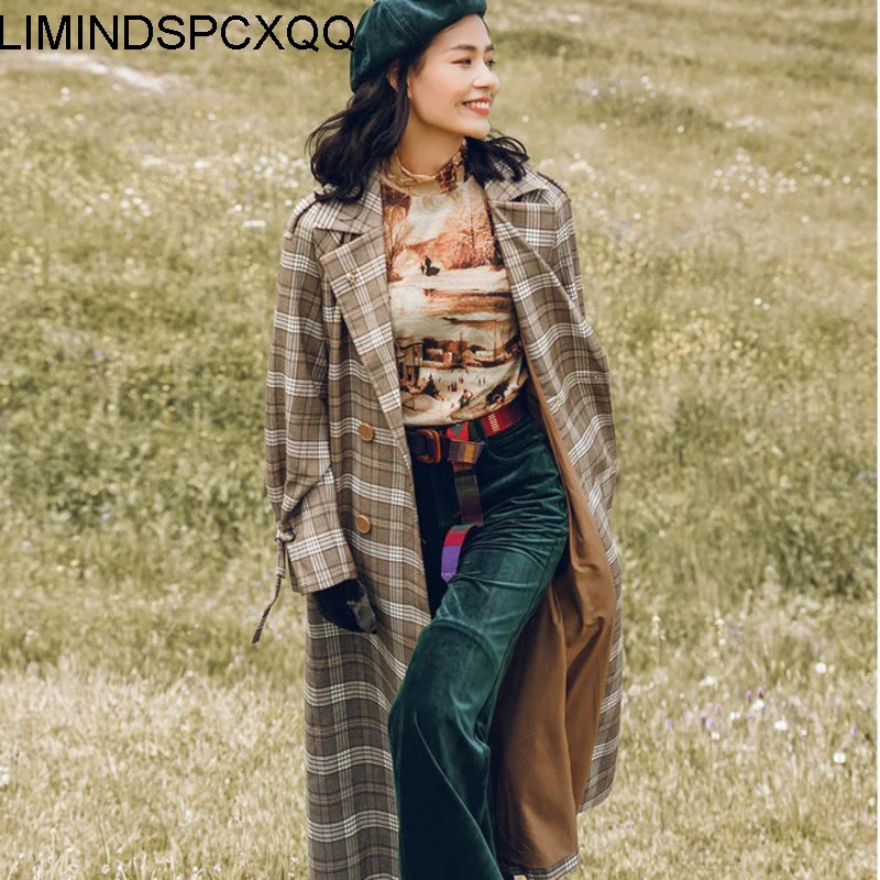 

Jacket Corta Vento Feminina Spring Ladies Autumn Lapel Fashion Coat With Belt Retro Loose Plaid Long Womens Commute Trench