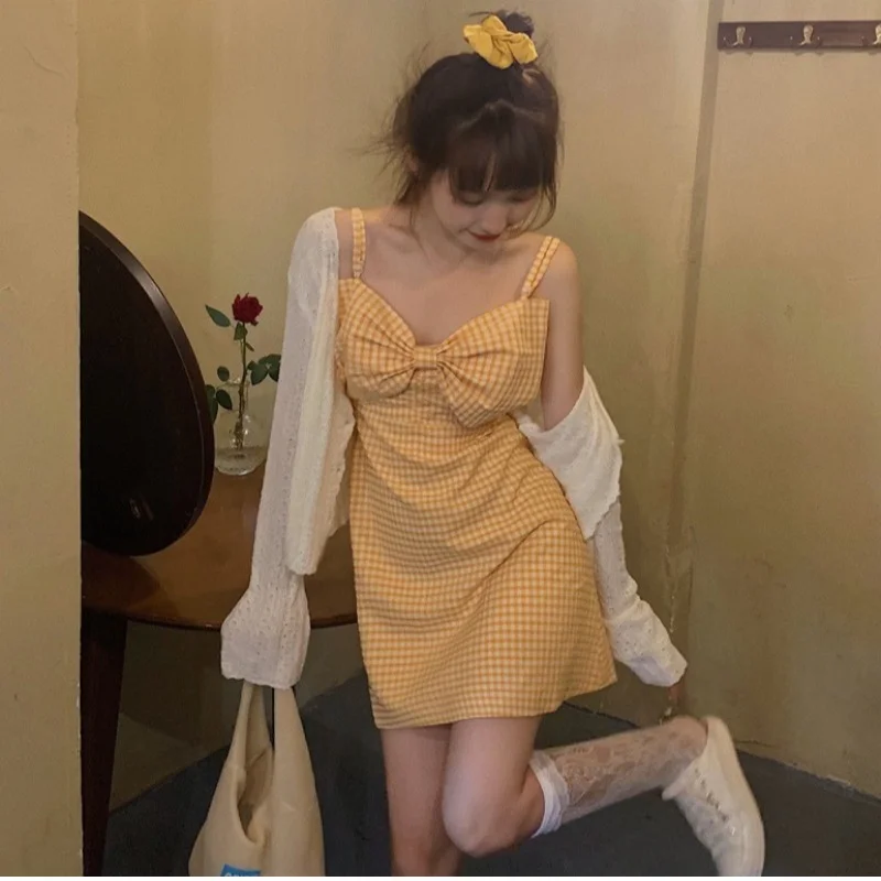 

Summer New Style Bowknot Yellow Plaid Skirt Dress Waist A-line Skirt Sleeveless Sling Skirt Two-piece Sling Skirt Woman Dress
