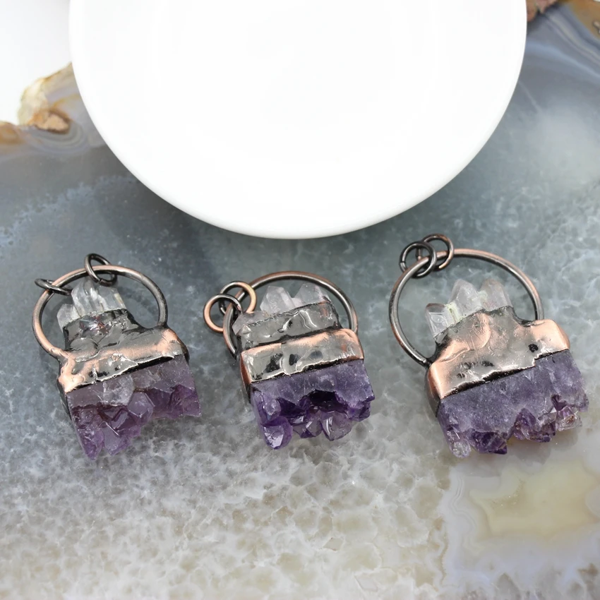 

Natural Quartz Amethysts Druzy Geode Antique Brass Style Slab Pendant,Top Inlay Healing Crystal Stick Point DIY Necklace Jewelry