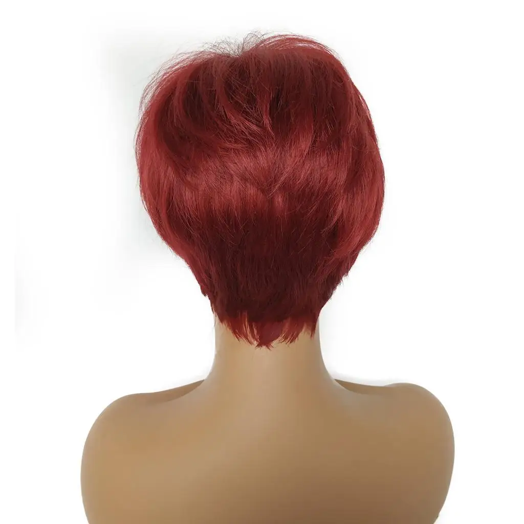 

MagiDeal Human Hair Short Straight Wigs Ombre Red Bangs Wig for Women