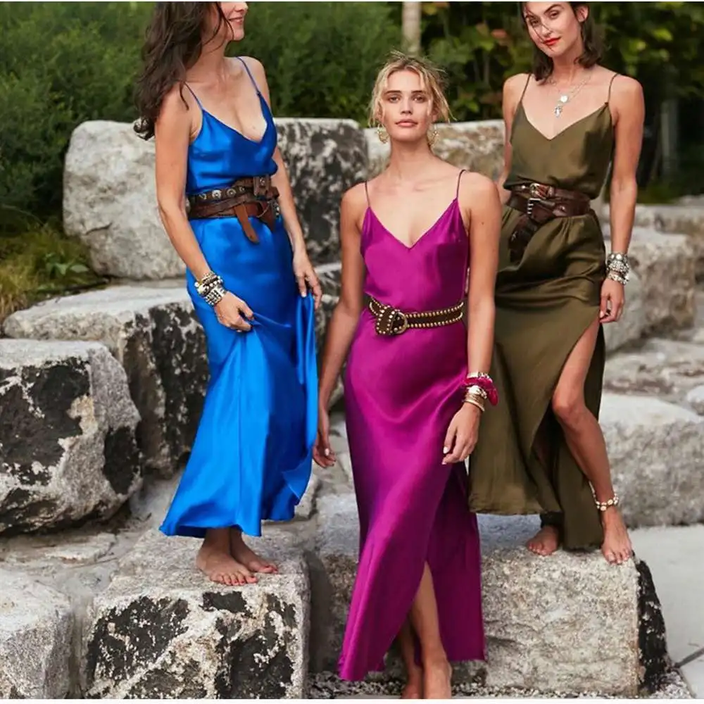 Женские платья без рукавов шелк атлас спинки Высокий разрез спагетти ремень