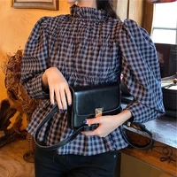 plaid blue elastic bands blouse woman summer long puff sleeve turtleneck blouse holiday vacation fashion top chic 2021 new shirt