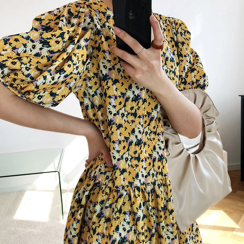 

2021 Fashion Women Summer Yellow Flower Print Maxi Dresses for Women