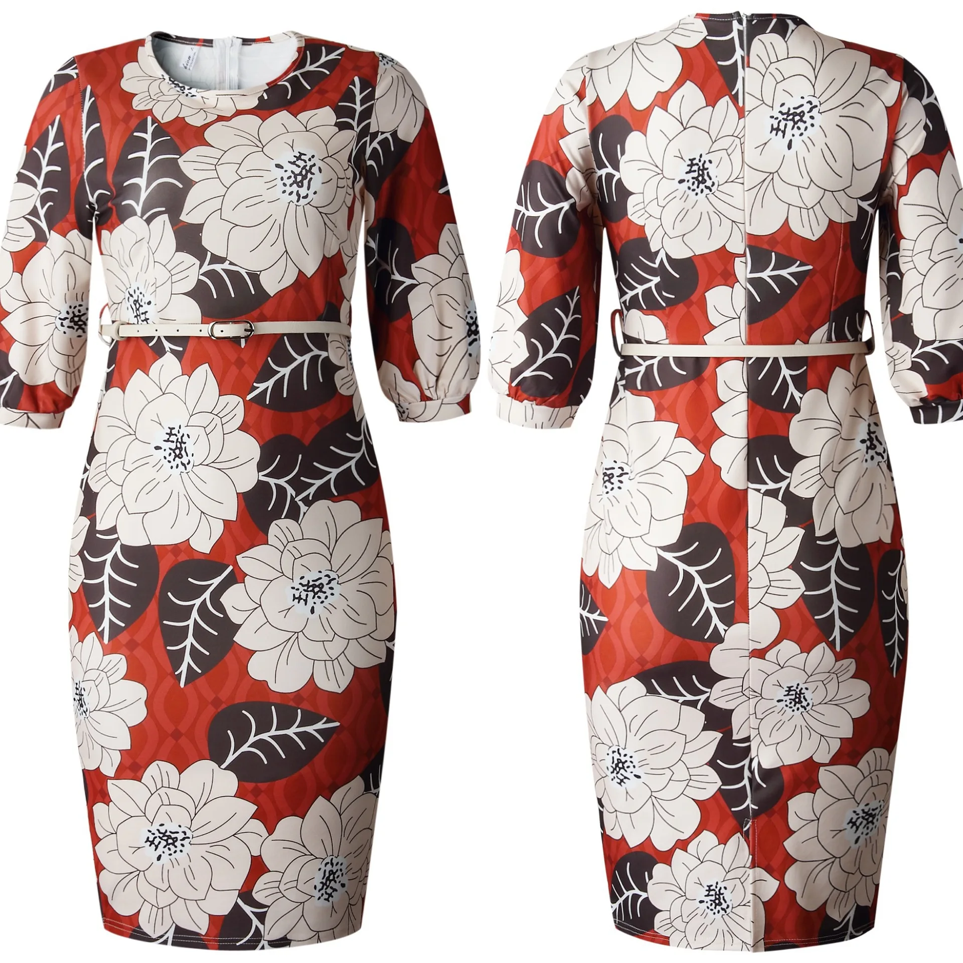 

HIJABMUSS Fashion Middle East Women's New African Dress Color Lantern Sleeve Printed Package Hip Skirt With Belt