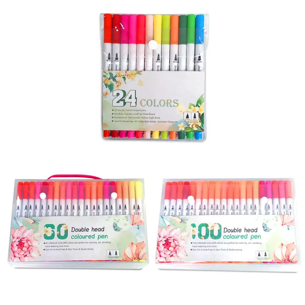 

24/60/100 Colors Markers Pen Set Brushpen Set Dual Brush Pen Professional Student Graffiti Stationery Portable Drawing