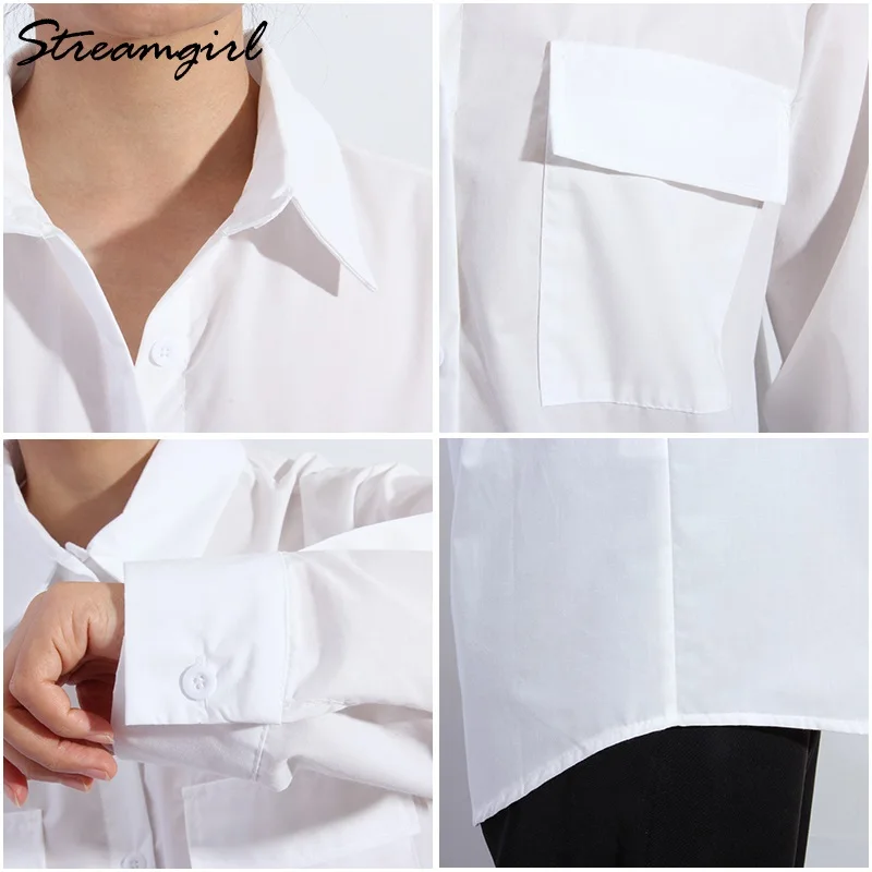 Женская свободная рубашка с карманами белая хлопковая блузка в стиле оверсайз
