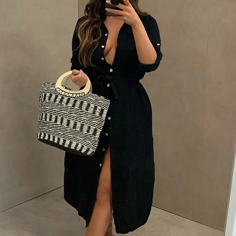 

Casual Letter Print Button Lady Shirt Dress Spring Summer Long Sleeve Beach Long Dress Women Elegant Belted Tie-Up Party Dresses