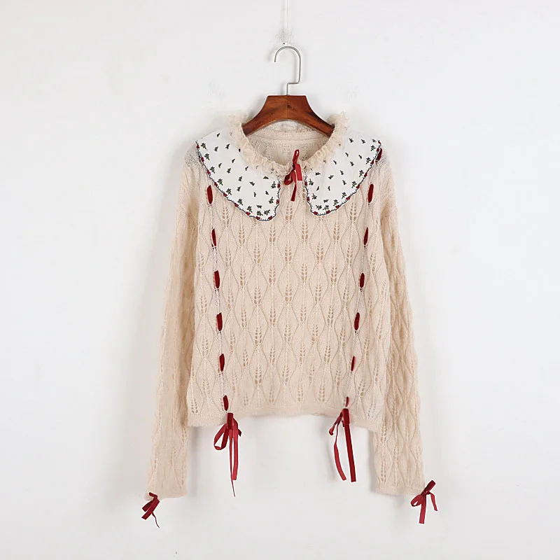 

Korean Fashion Knitted Sweater Women Peter Pan Collar Sweet Bow Long Sleeve Loose Casual Vintage Pullover Jumper Traf Tops Mujer