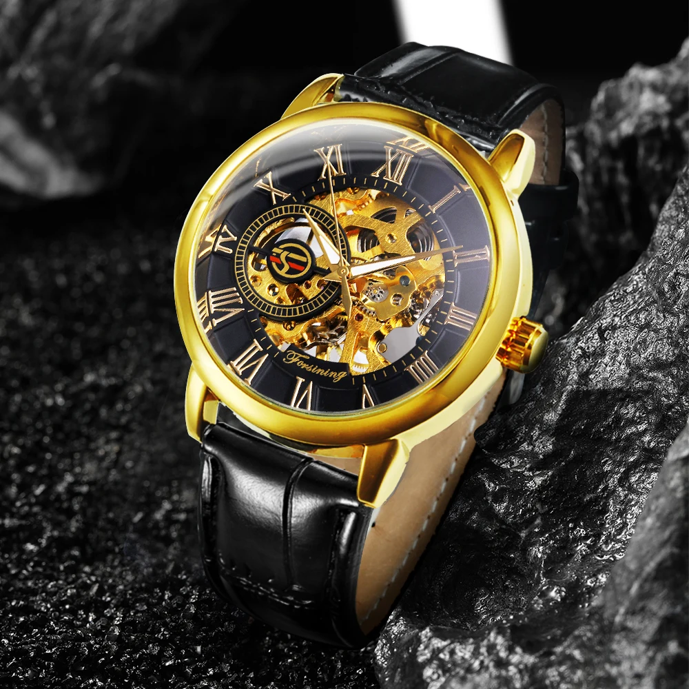 FORSINING Роскошные Мужские механические часы с кожаным ремешком Модные