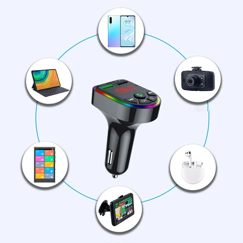 

Ambient Light 5.0 FM Transmitter Car MP3 Player Wireless Handsfree Audio Receiver USB Fast Charge TF U Disk Play