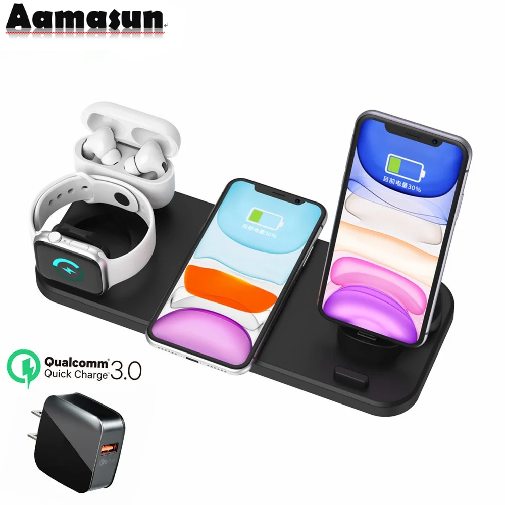 

10W Qi Wireless Charger Dock Station 6 in 1 For Iphone Airpods Micro USB Type C Stand Fast Charging 3.0 For Apple Watch Charger