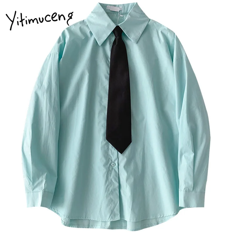 

Yitimoky Korean Fashion Preppy Style Shirt Tops Casual Vintage Solid Long Sleeve 2021 Summer New Blouses +white Blouse with Tie