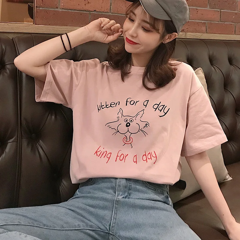 Женская свободная футболка из хлопка летние топы для студентов Корейская