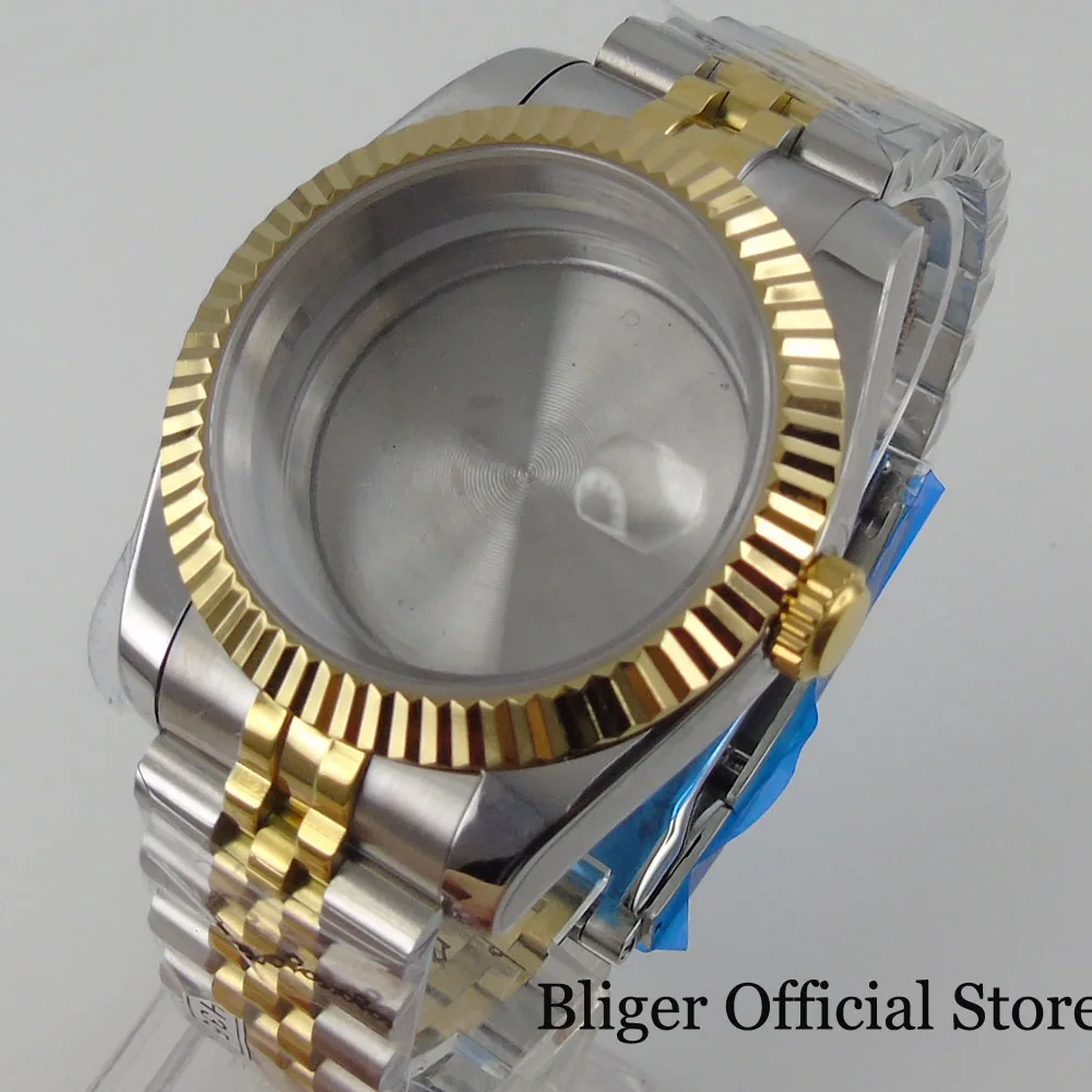 BLIGER Two Tone Gold 36mm/39mm Watch Case Gold Fluted Bezel See-though Glass Back fit NH35A Jubilee Band Screwdown Crown