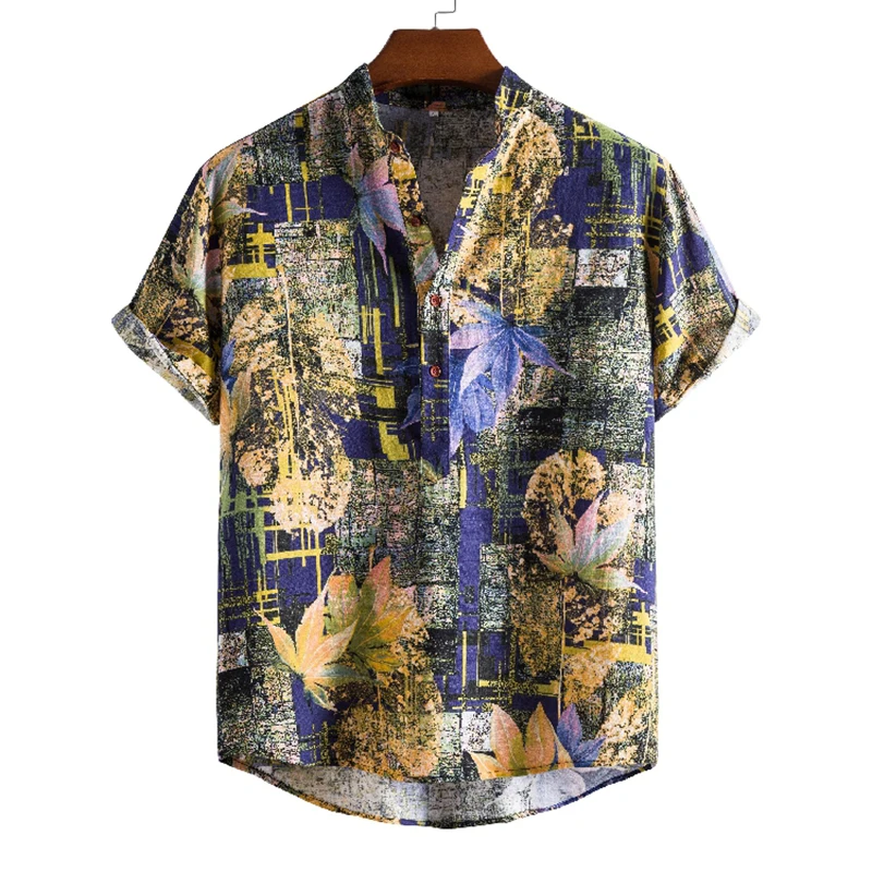 

Casual Loose Mens Short Sleeve Shirts Vintage Pattern Printing Button Lapel Shirt Men 2021 Summer Fashion Beach Tops Streetwear