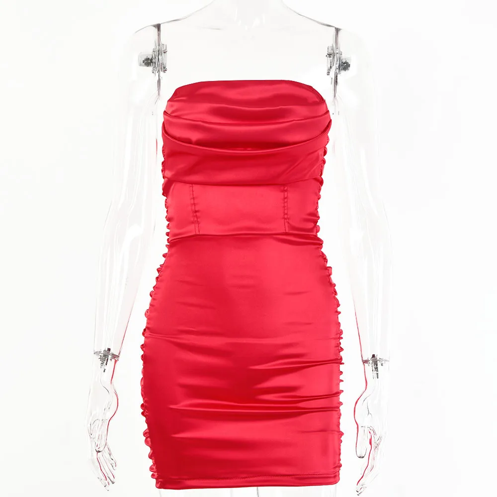 

Spaghetti Strap Mini Satin Dress Women Sexy Backless Bandeau Bodycon Party Dress Pleated Stretch Evening dresses Club Dress B45