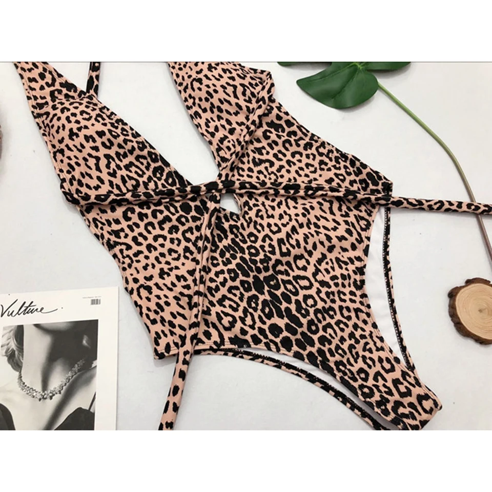 

Women Swimwear Sexy One Piece Cross Tie Front Deep V Open Back Tummy Control Leopard Bikini Bathing Suit