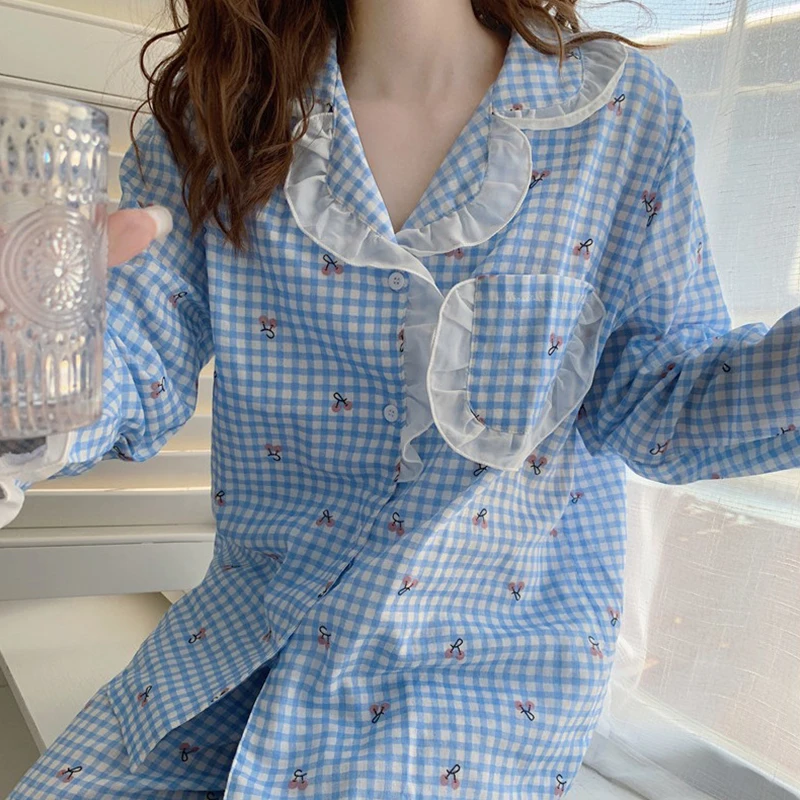 

JRMISSLI Women Plaid Silk Pyjamas Set Kawaii Print Female Comfort Plus Size XXL Homewear Autumn Winter Lapel Long Sleeve Pajama