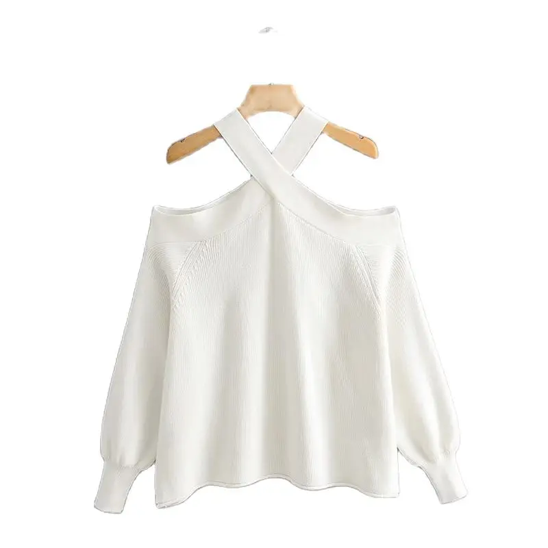 

Autumn New Women European Style Cross Hanging Neck Collar Sexy Strapless Loose Long-SleevedFemale Sweater