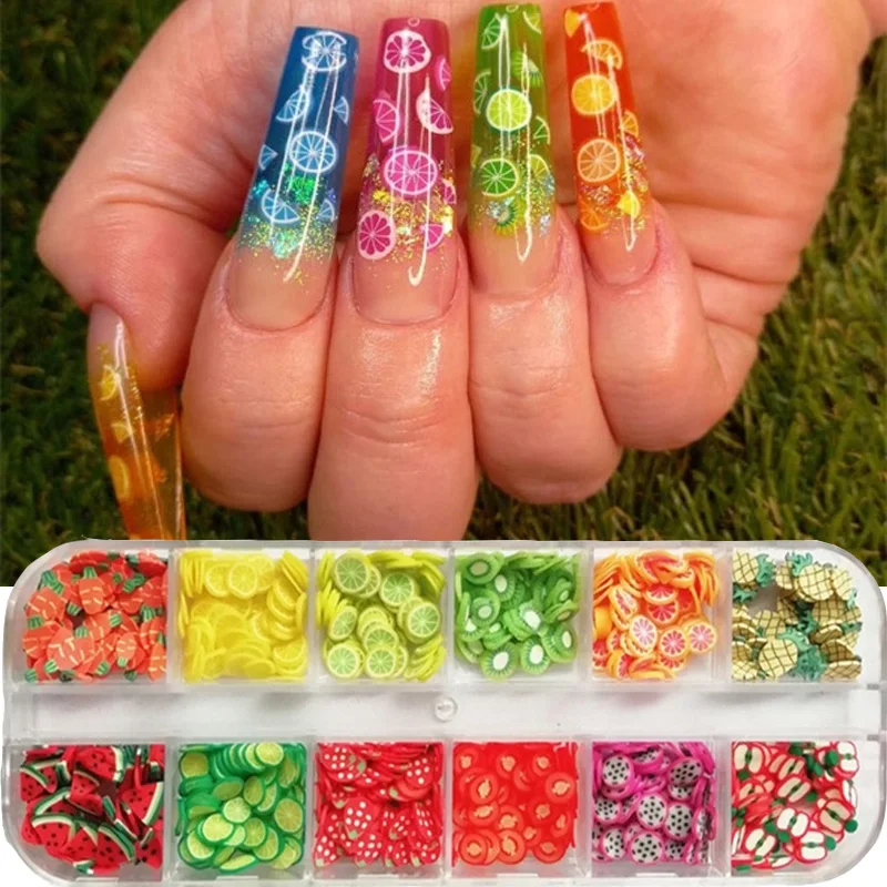 

3D Mixed Fruit Flower Mud Nail Art Decoration Colorful Nail Sequins Watermelon Orange Strawberry Nail Accessories 12 Grids/box