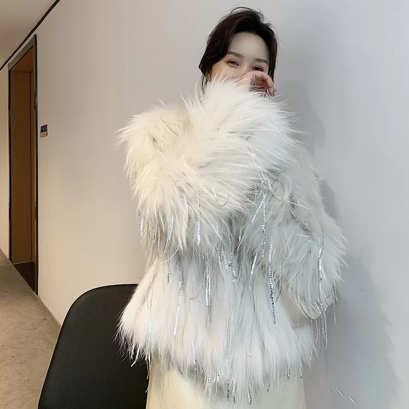 Fashion Slim Fur Coats Short Women Natural Raccoon Dog Real Fur Strip Sewed Overcoats Sequin Tassel White Women Winter Outwear