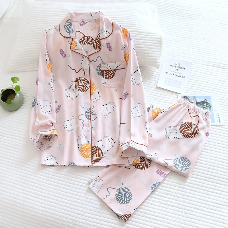 Spring/Autumn New Women's Pajamas Set Cotton Silk Summer Thin Long Sleeve Sleepwear for Ladies Loose Soft Comfort Home Clothing