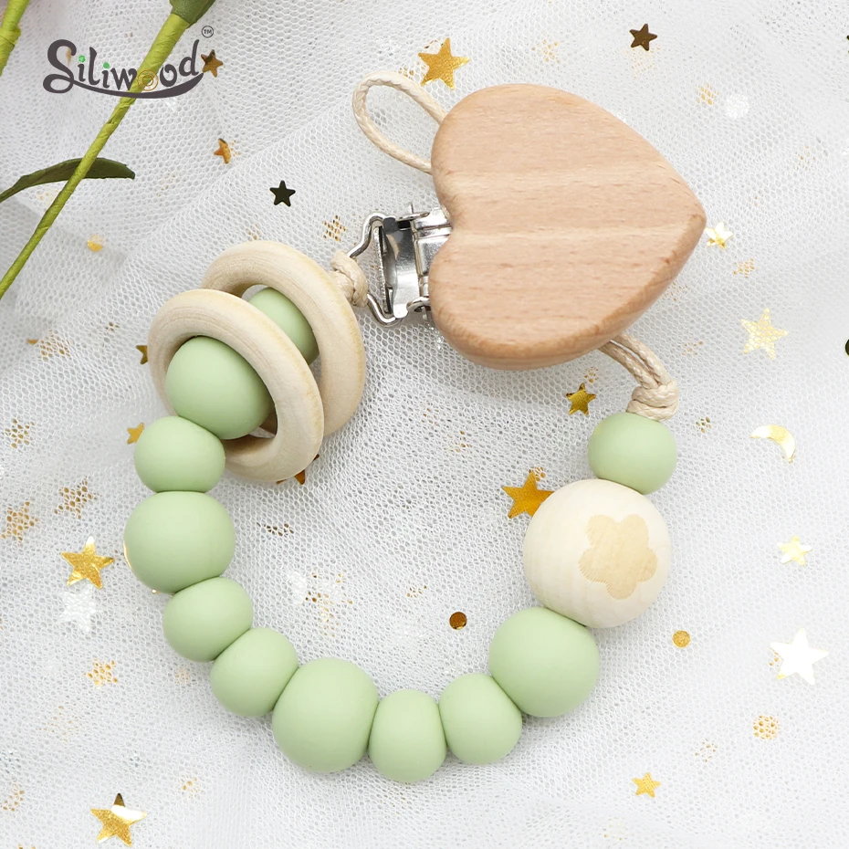 Clips de coraz&oacute;n para chupete, cadena de madera, anillo de cuentas de silicona sin BPA, soporte para chupete, cadenas para chupete, juguetes para dentici&oacute;n de beb&eacute;, Clips para pezones-1