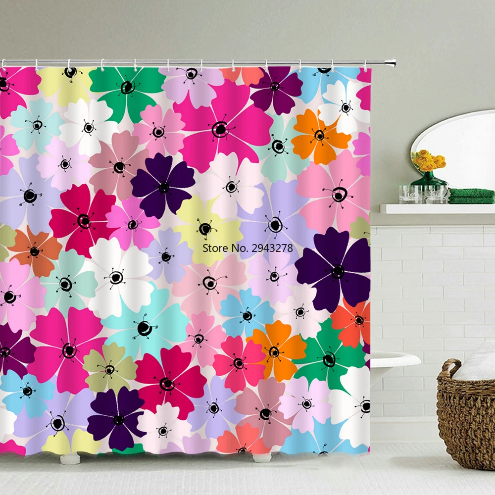 

Colorful Flower Geometry Bath Curtain Waterproof Shower Curtains Modern Romantic Pink Girl Bath Screen Printed Bathroom Curtain